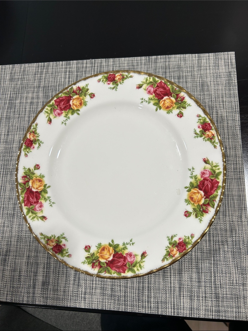 Royal Albert White Dinner Plate with Red & Yellow Rose Motif and Gold Rim